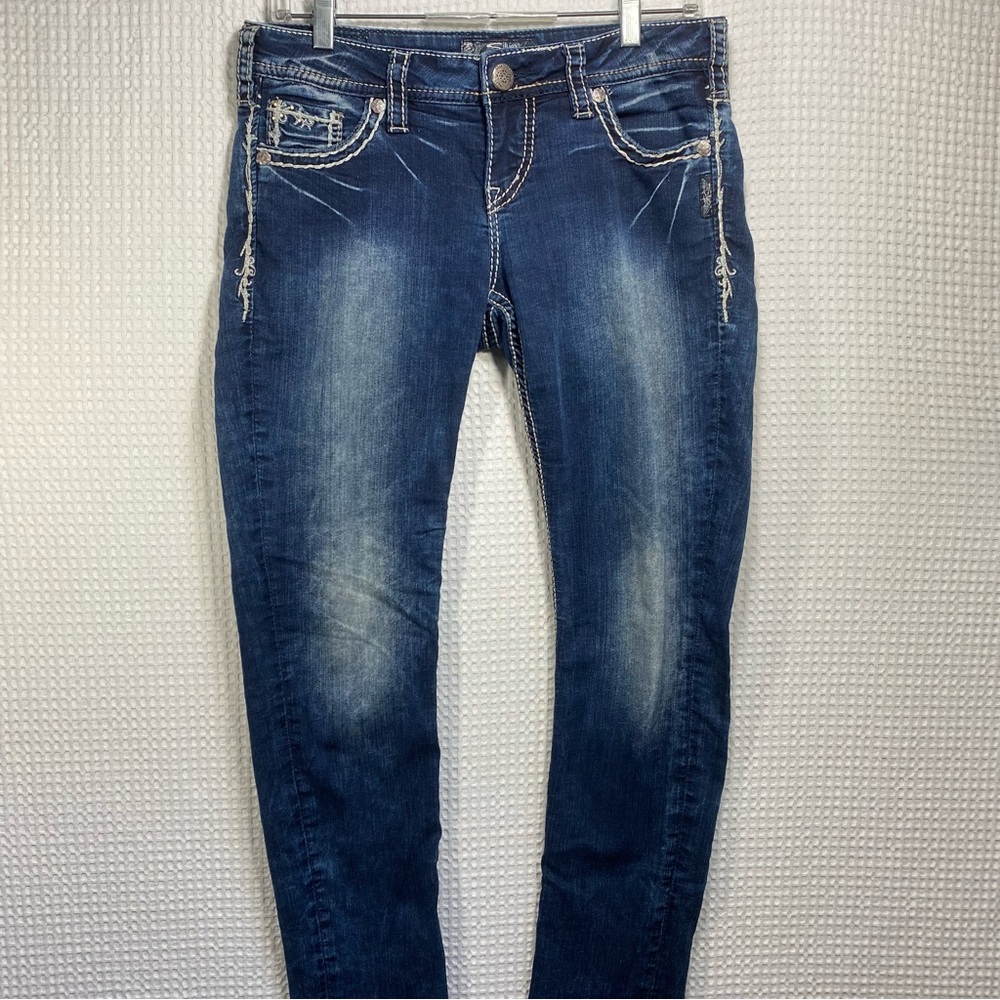 Silver Jeans Aiko Flap Skinny White Thick Stitch Dark Stretch; Women’s 27W 31L